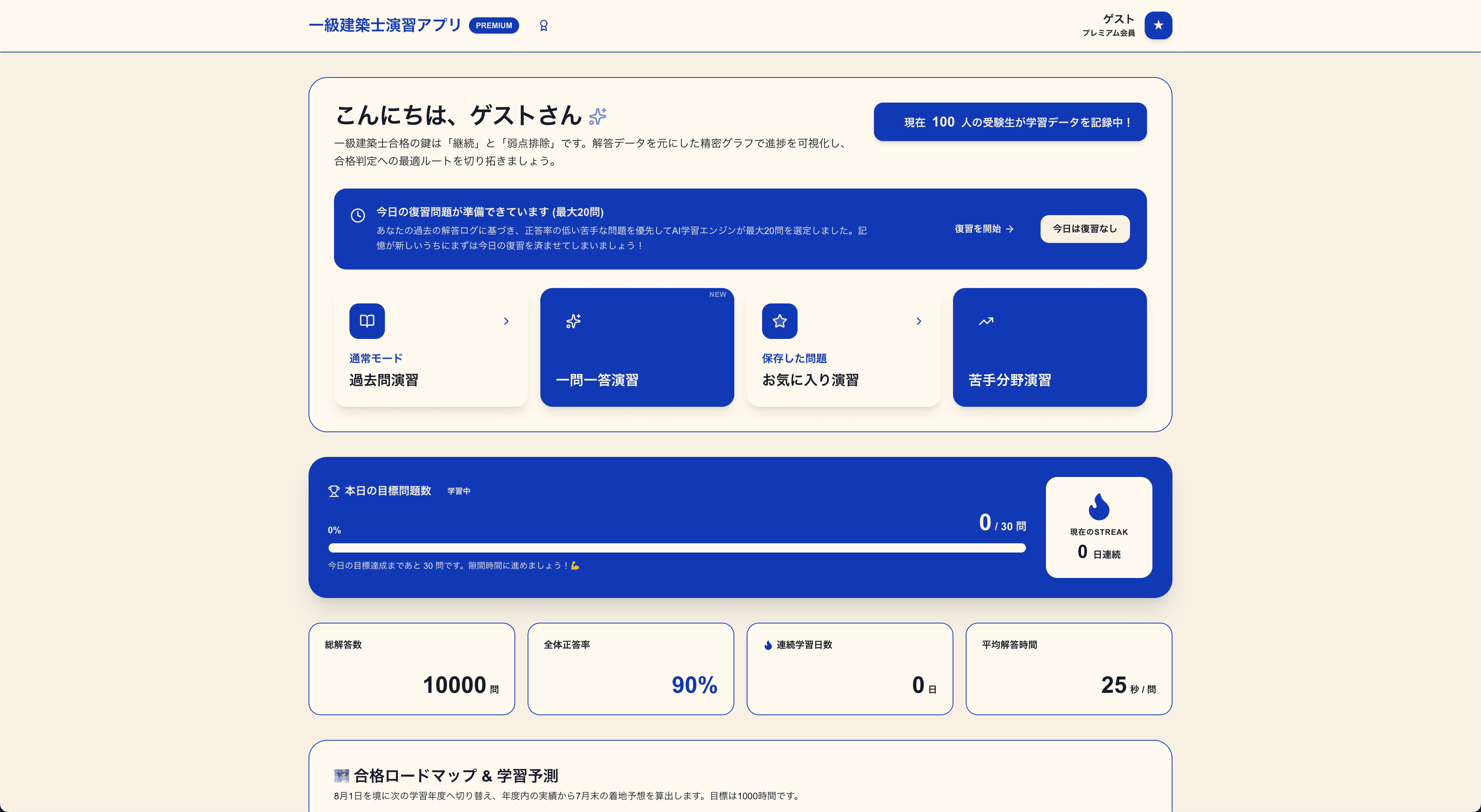ダッシュボードで過去問演習、学習データ、正答率グラフを確認している画面